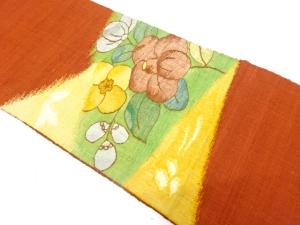 手織り真綿紬　椿模様織り出し　名古屋帯